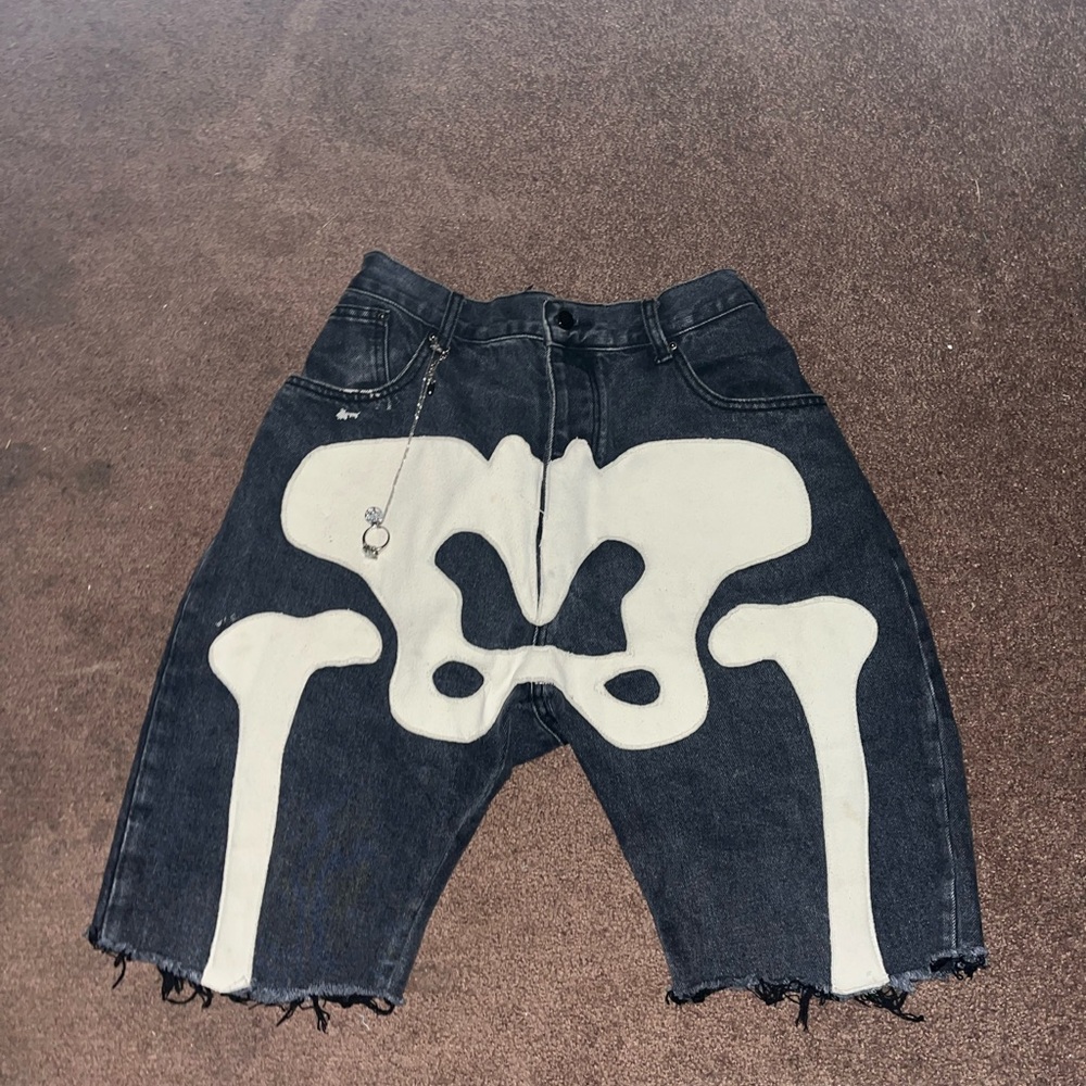 Edgy Skeleton Graphic Denim Shorts
